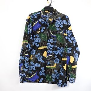 90s Mens XL Nautical Print Floral Button Up Shirt